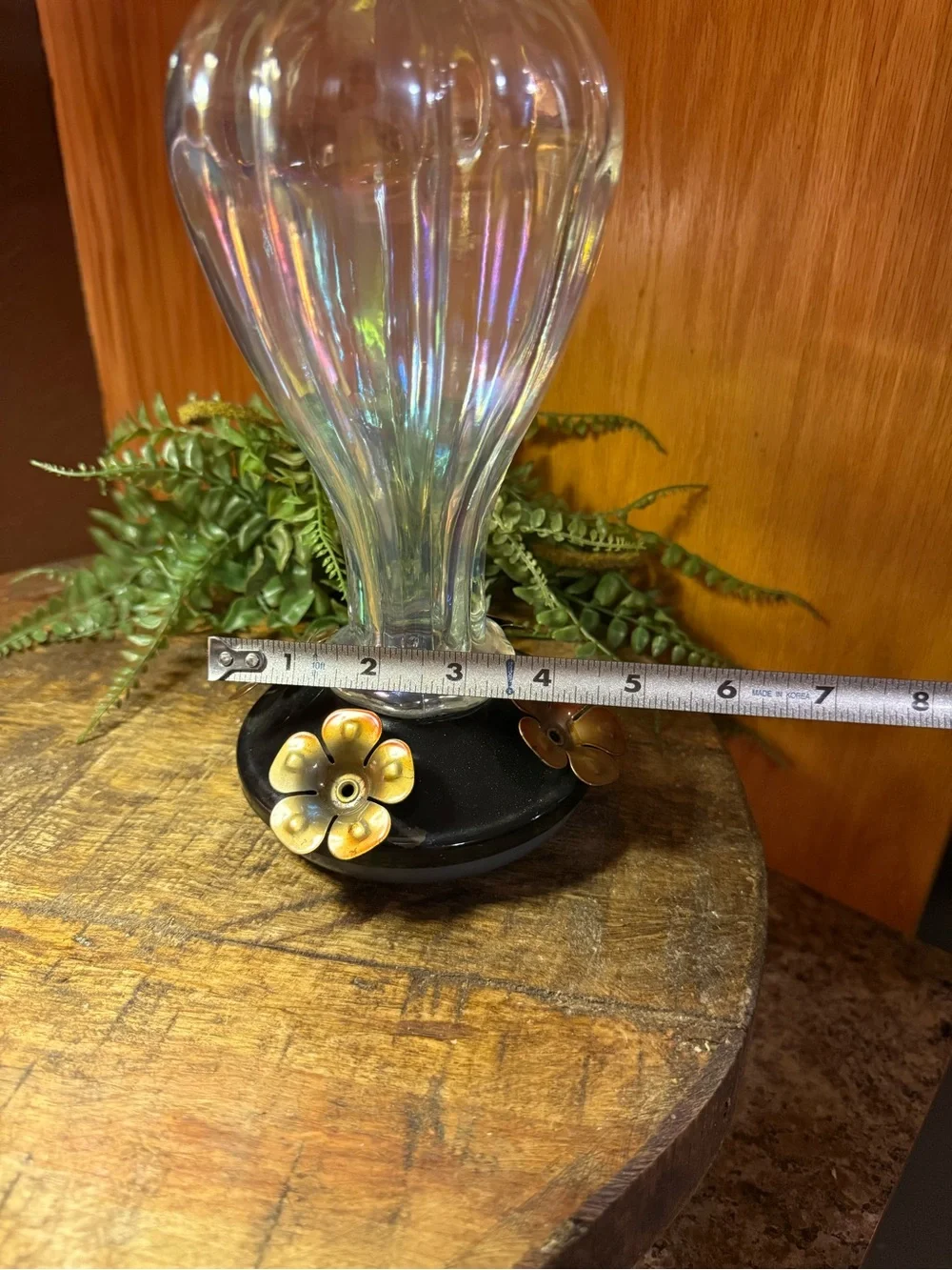 Iridescent Glass Hummingbird Feeder with Black Base